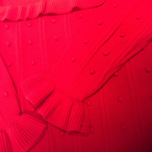 Kate Spade Red Wool Blend Ruffled Yoke Pom Pom Embellished Sweater - Picture 7 of 8